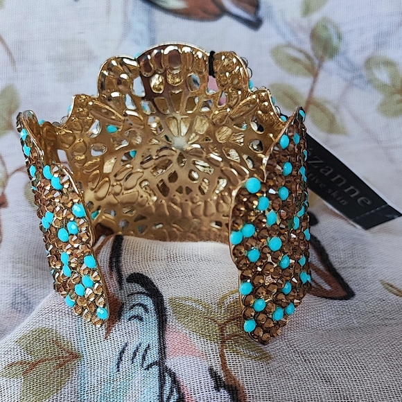 Cezanne Shiny Gold Tone Filigree Cuff Bracelet Faux Turquoise Topaz Rhinestones - Picture 12 of 14